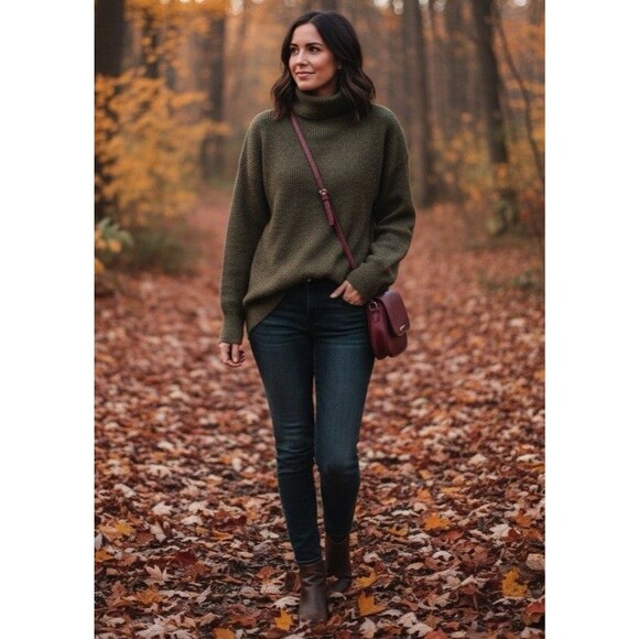 Women’s Brown Oversized Ribbed Turtleneck Sweater Cozy Minimalist Slouchy Sz M/L - Picture 2 of 9